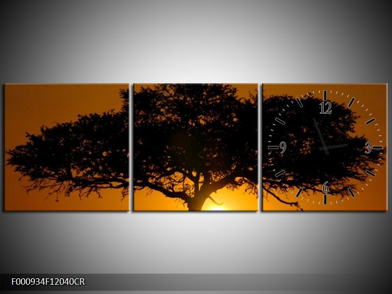 Klok schilderij Zonsondergang | Zwart, Geel, Oranje | 120x40cm 3Luik