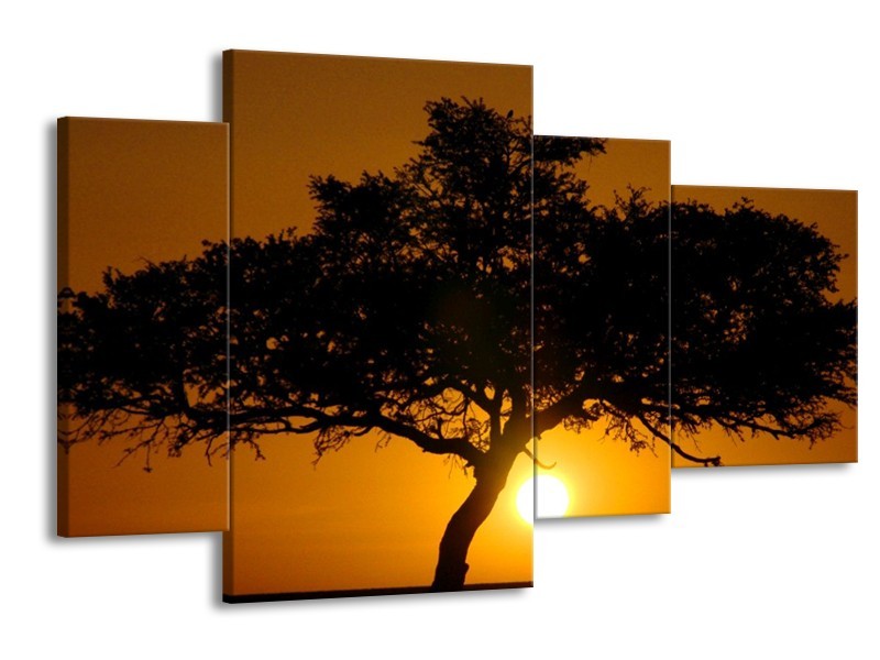 Glas schilderij Zonsondergang | Zwart, Geel, Oranje | 120x75cm 4Luik