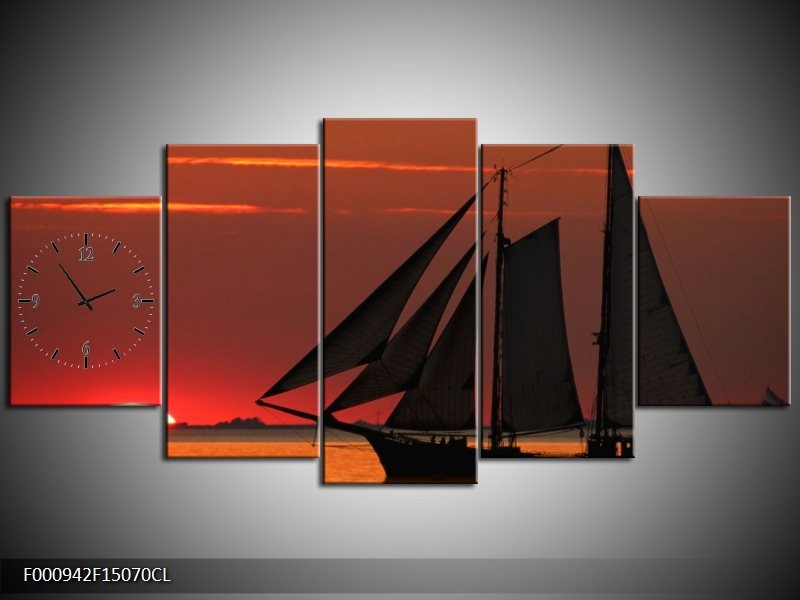 Klok schilderij Zeilboot | Rood, Oranje, Zwart | 150x70cm 5Luik