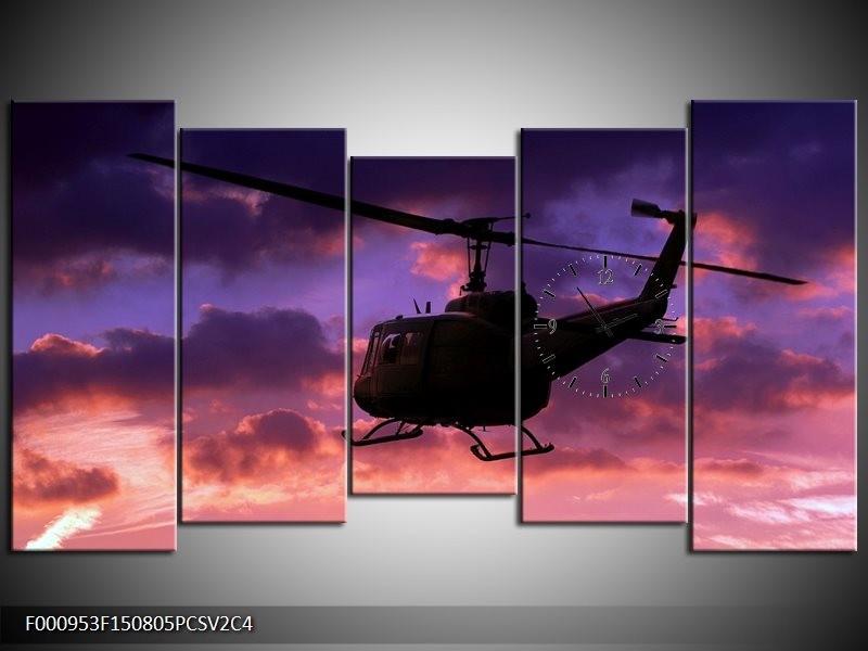 Klok schilderij Helikopter | Paars, Zwart | 150x80cm 5Luik