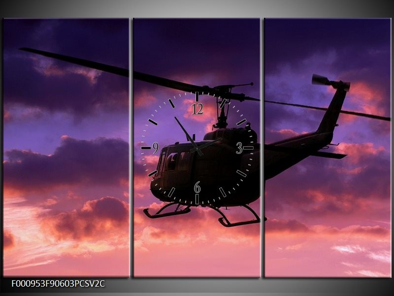 Klok schilderij Helikopter | Paars, Zwart | 90x60cm 3Luik