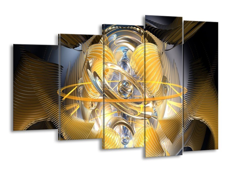 Canvas schilderij Abstract | Geel, Goud, Bruin | 150x100cm 5Luik