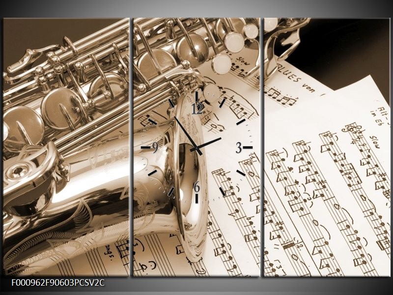 Klok schilderij Muziek | Wit, Grijs | 90x60cm 3Luik