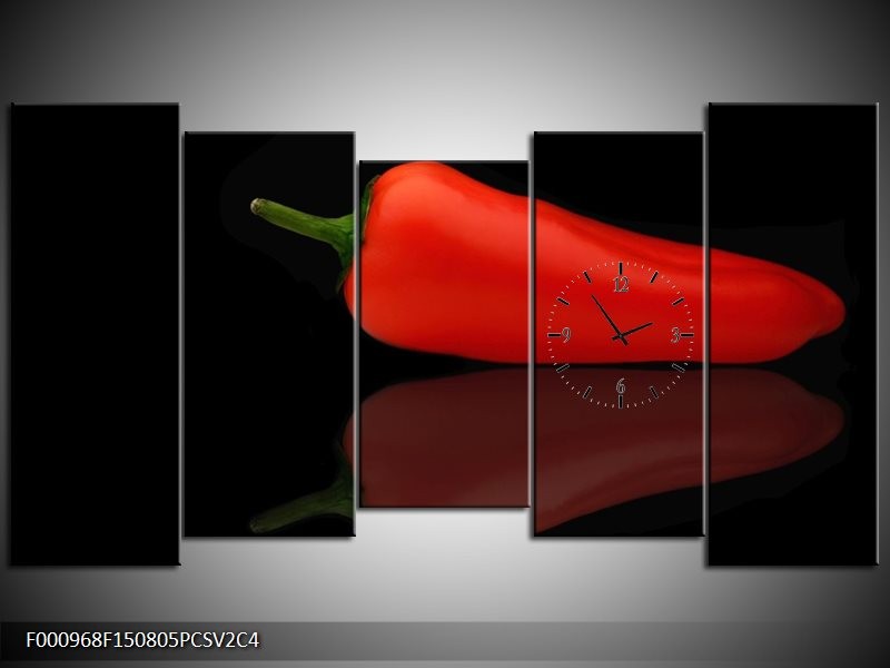 Klok schilderij Paprika | Rood, Zwart, Groen | 150x80cm 5Luik