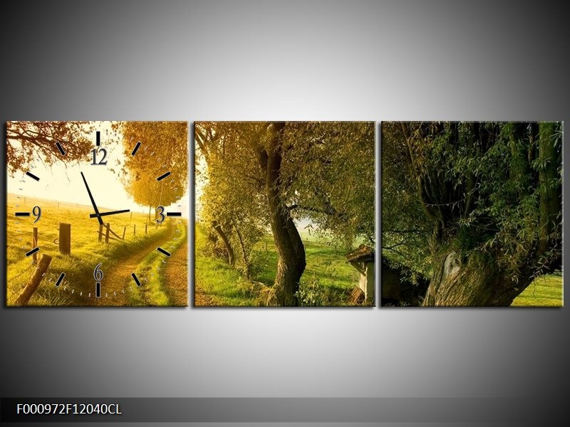 Klok schilderij Bomen | Groen, Geel, Wit | 120x40cm 3Luik