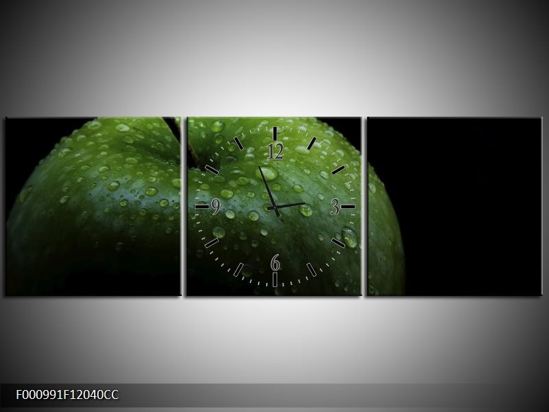 Klok schilderij Appel | Groen, Zwart | 120x40cm 3Luik