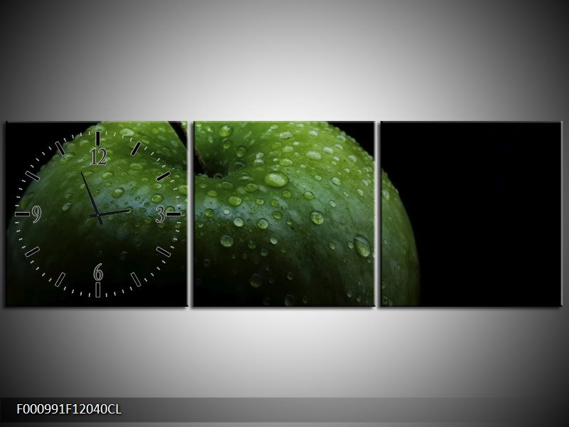 Klok schilderij Appel | Groen, Zwart | 120x40cm 3Luik