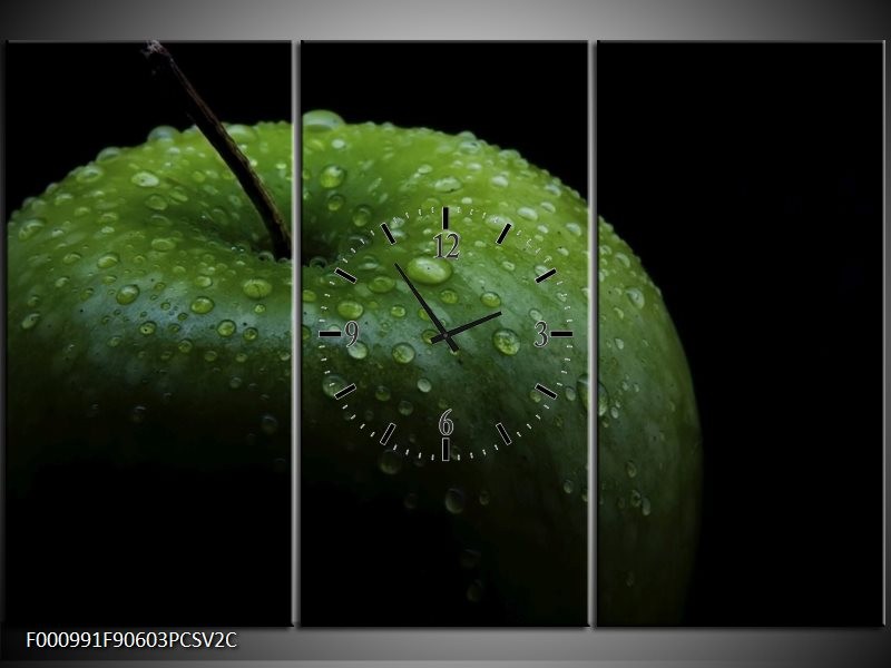 Klok schilderij Appel | Groen, Zwart | 90x60cm 3Luik