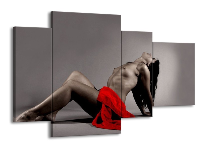 Canvas schilderij Vrouw | Rood, Zwart, Grijs | 120x75cm 4Luik