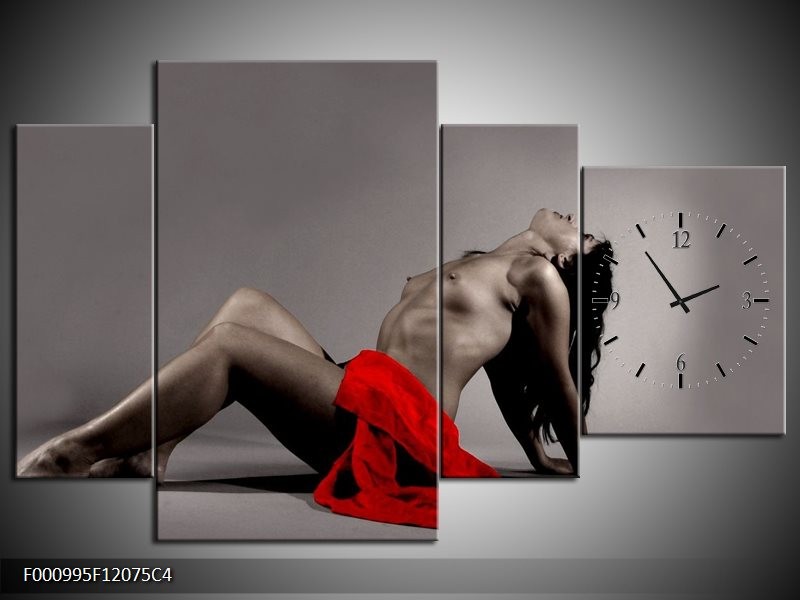 Klok schilderij Vrouw | Rood, Zwart, Grijs | 120x75cm 4Luik