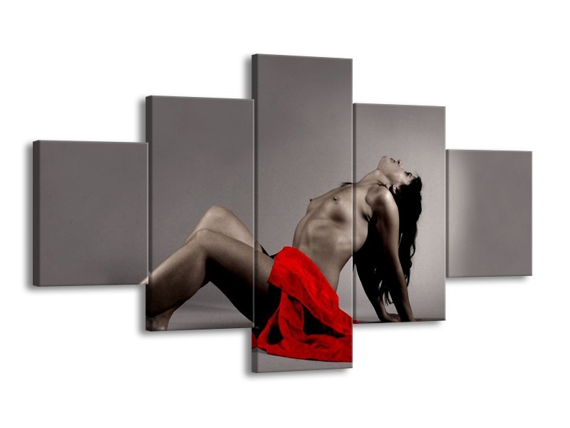 Canvas schilderij Vrouw | Rood, Zwart, Grijs | 125x70cm 5Luik