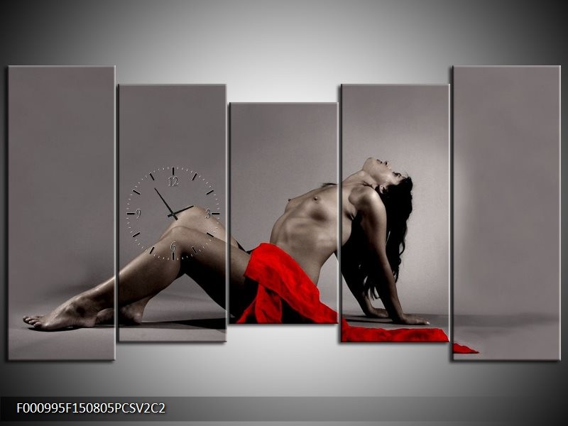Klok schilderij Vrouw | Rood, Zwart, Grijs | 150x80cm 5Luik