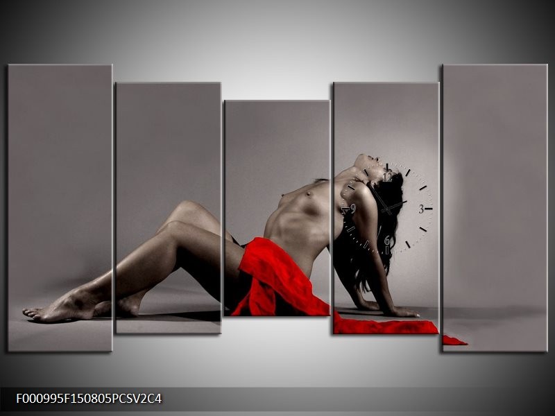Klok schilderij Vrouw | Rood, Zwart, Grijs | 150x80cm 5Luik
