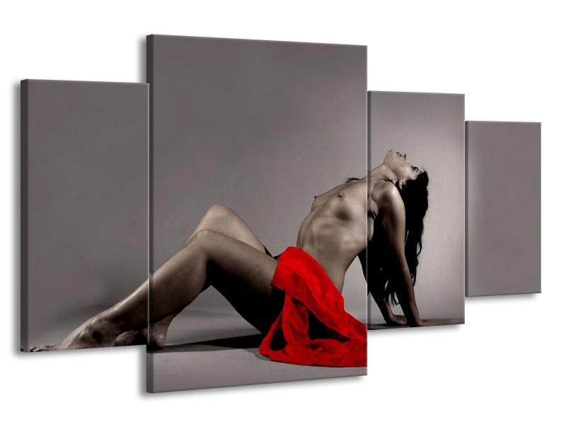 Canvas schilderij Vrouw | Rood, Zwart, Grijs | 160x90cm 4Luik