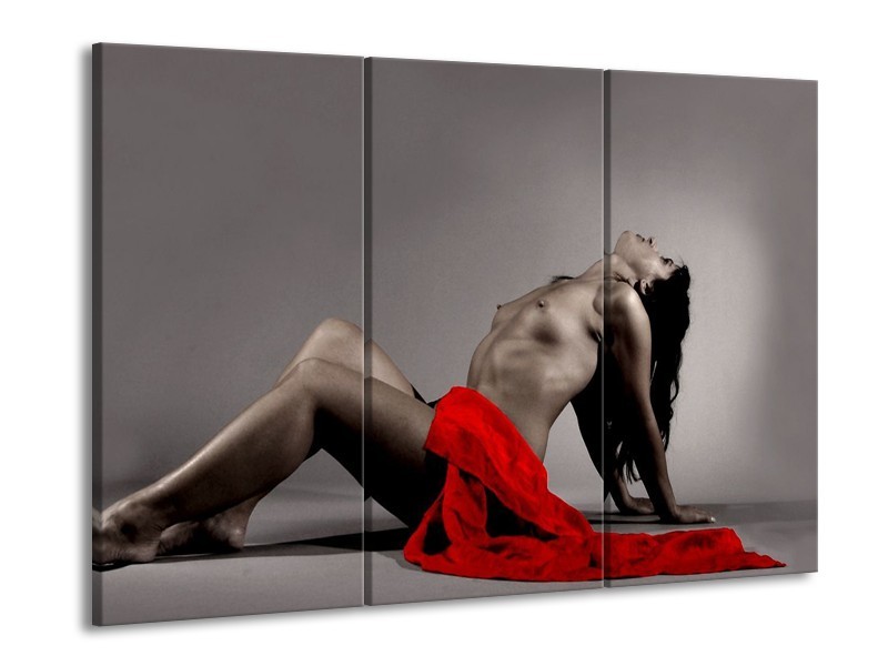 Canvas schilderij Vrouw | Rood, Zwart, Grijs | 90x60cm 3Luik