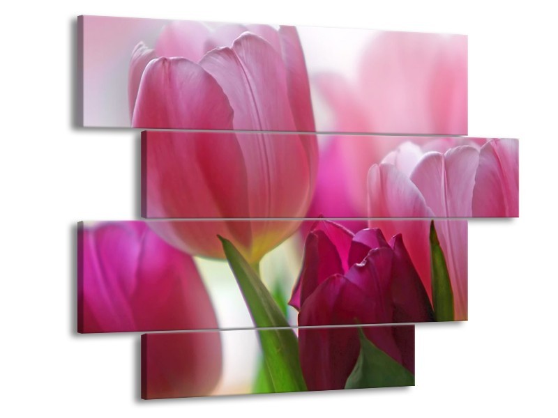 Canvas schilderij Tulp | Rood, Groen, Wit | 115x85cm 4Luik