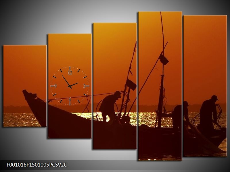 Klok schilderij Boot | Bruin, Oranje | 150x100cm 5Luik
