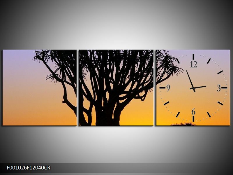 Klok schilderij Boom | Zwart, Geel, | 120x40cm 3Luik