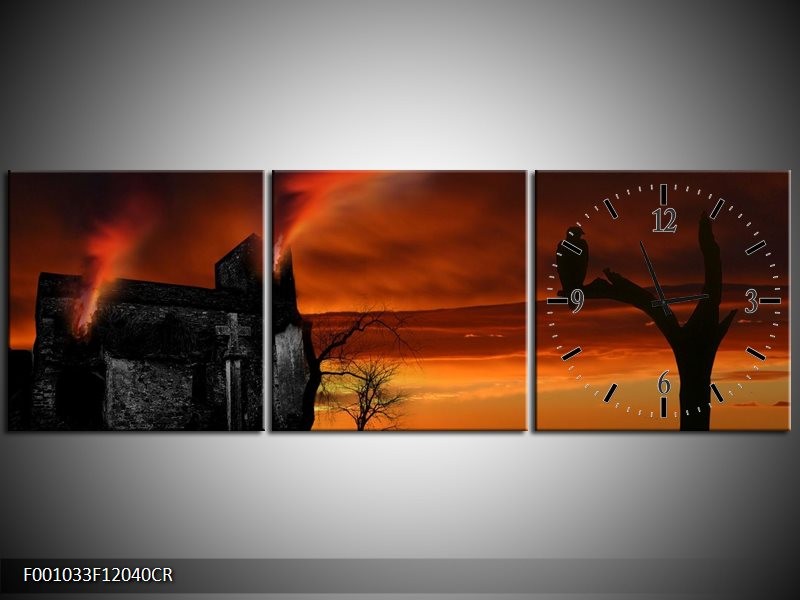 Klok schilderij Landschap | Rood, Zwart, Oranje | 120x40cm 3Luik