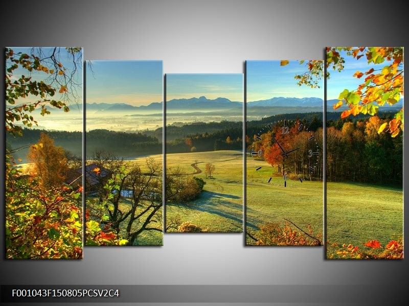 Klok schilderij Landschap | Groen, Grijs, Blauw | 150x80cm 5Luik