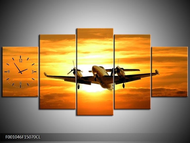 Klok schilderij Vliegtuig | Oranje, Geel, Bruin | 150x70cm 5Luik