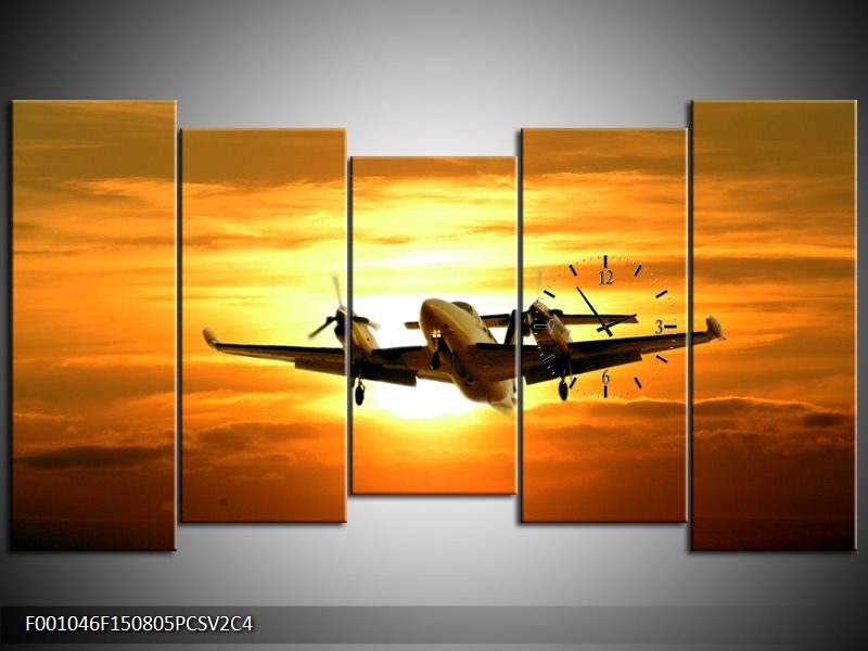 Klok schilderij Vliegtuig | Oranje, Geel, Bruin | 150x80cm 5Luik