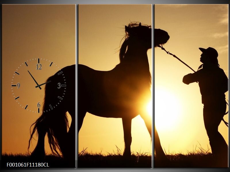 Klok schilderij Paard | Zwart, Geel | 111x80cm 3Luik