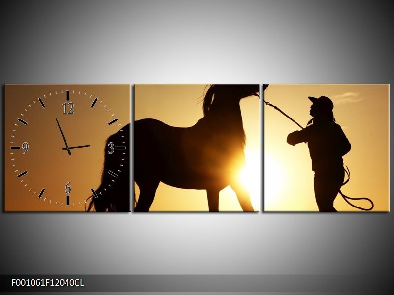 Klok schilderij Paard | Zwart, Geel | 120x40cm 3Luik
