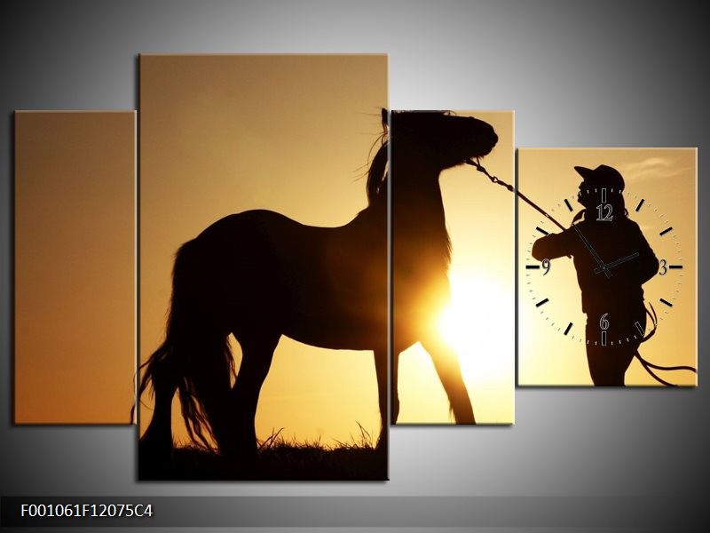 Klok schilderij Paard | Zwart, Geel | 120x75cm 4Luik