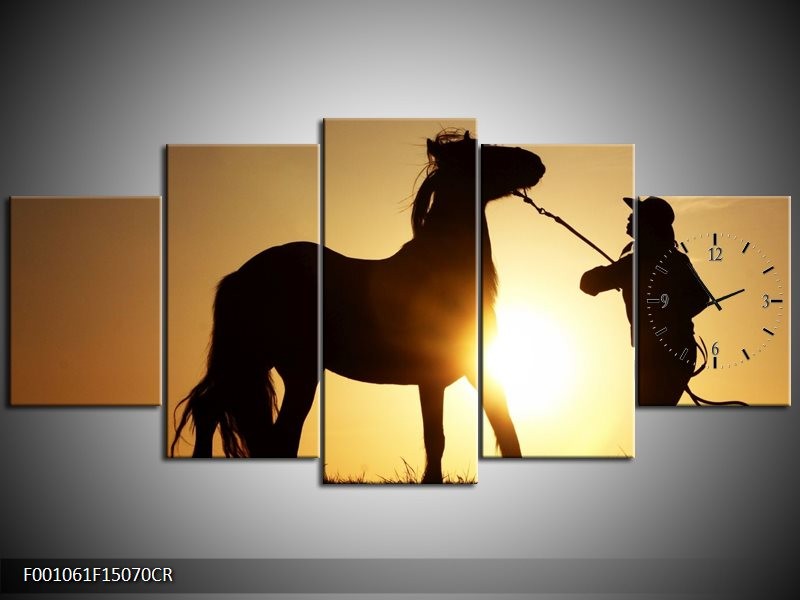 Klok schilderij Paard | Zwart, Geel | 150x70cm 5Luik