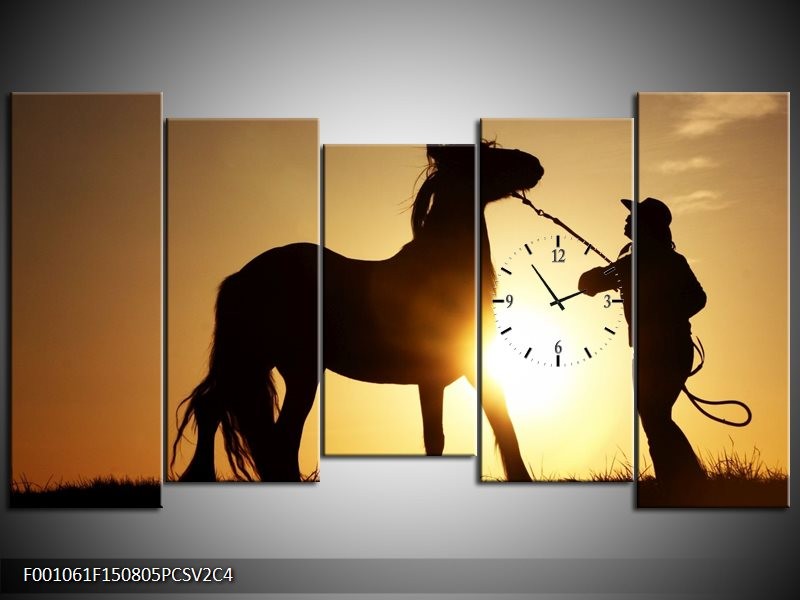 Klok schilderij Paard | Zwart, Geel | 150x80cm 5Luik