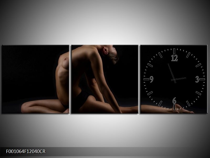 Klok schilderij Vrouw | Bruin, Zwart | 120x40cm 3Luik