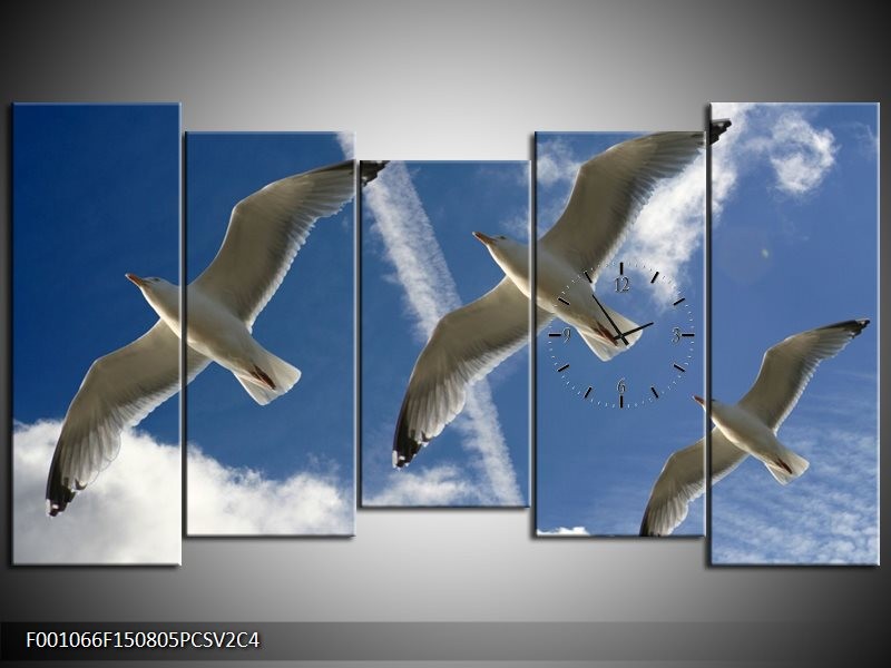 Klok schilderij Vogels | Blauw, Zwart | 150x80cm 5Luik
