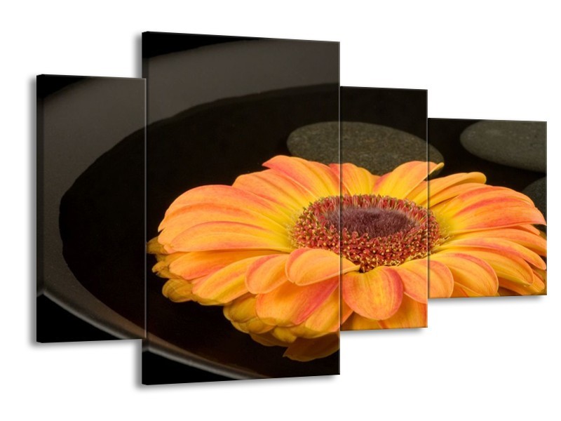 Canvas schilderij Bloem | Zwart, Oranje, Geel | 120x75cm 4Luik