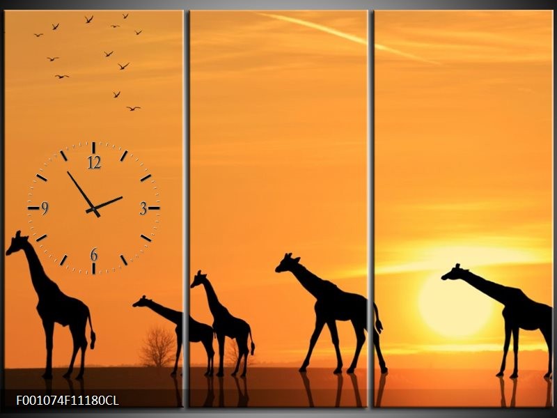 Klok schilderij Giraffes | Oranje, Geel, Zwart | 111x80cm 3Luik