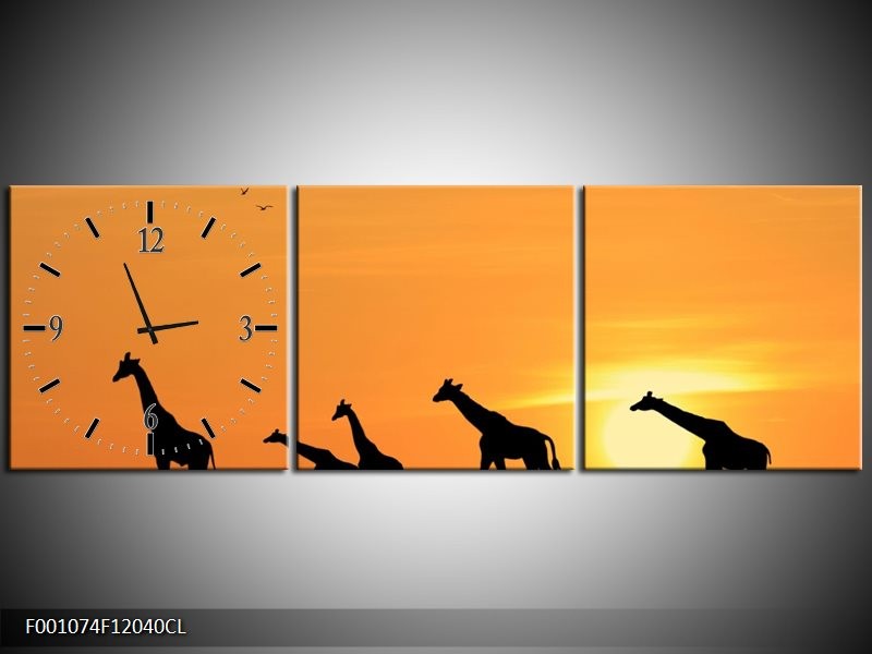 Klok schilderij Giraffes | Oranje, Geel, Zwart | 120x40cm 3Luik