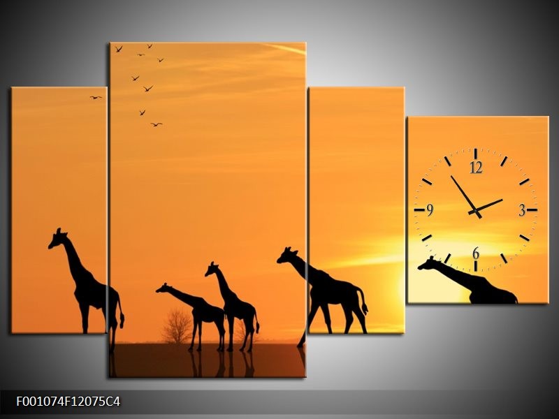 Klok schilderij Giraffes | Oranje, Geel, Zwart | 120x75cm 4Luik