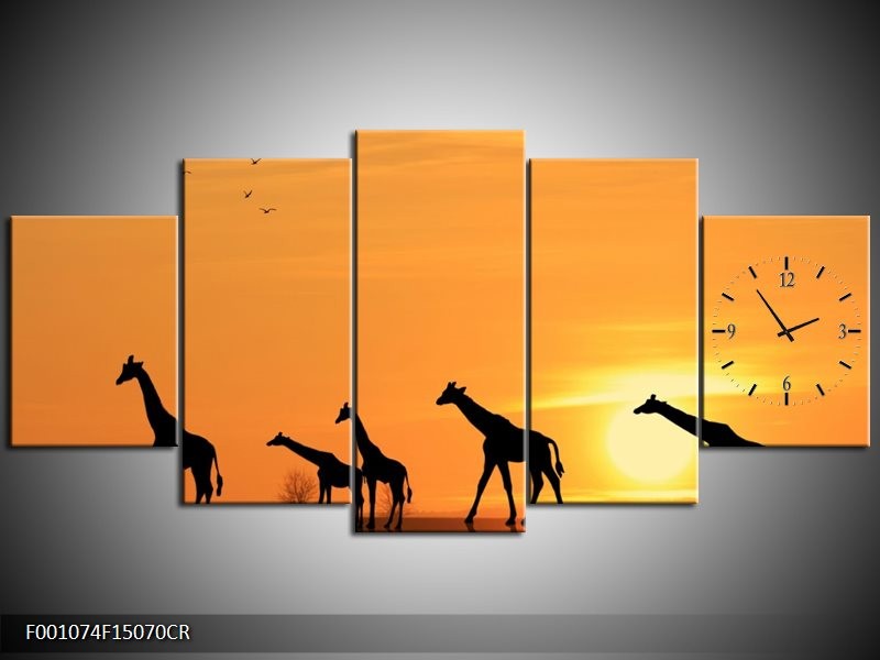 Klok schilderij Giraffes | Oranje, Geel, Zwart | 150x70cm 5Luik