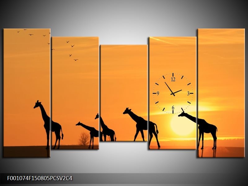Klok schilderij Giraffes | Oranje, Geel, Zwart | 150x80cm 5Luik