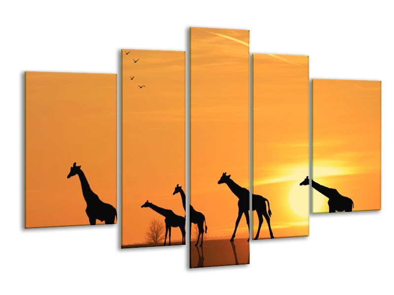 Canvas schilderij Giraffes | Oranje, Geel, Zwart | 170x100cm 5Luik