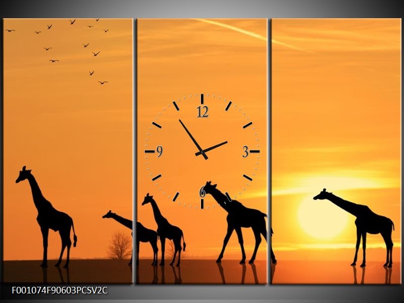 Klok schilderij Giraffes | Oranje, Geel, Zwart | 90x60cm 3Luik
