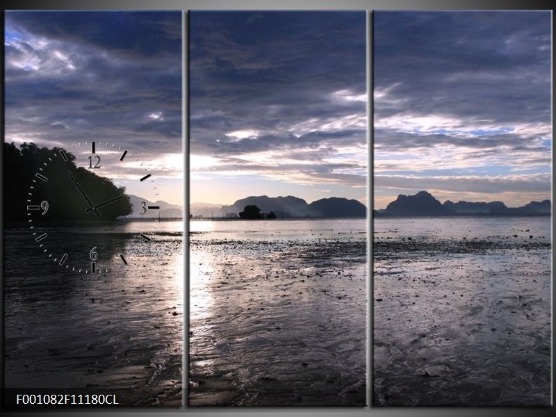 Klok schilderij Zee | Blauw, Wit, Grijs | 111x80cm 3Luik
