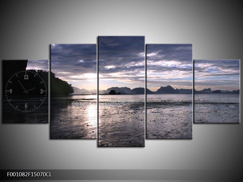 Klok schilderij Zee | Blauw, Wit, Grijs | 150x70cm 5Luik