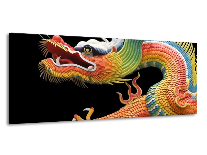 Canvas schilderij Draak | Zwart, Oranje, Groen | 145x58cm 1Luik