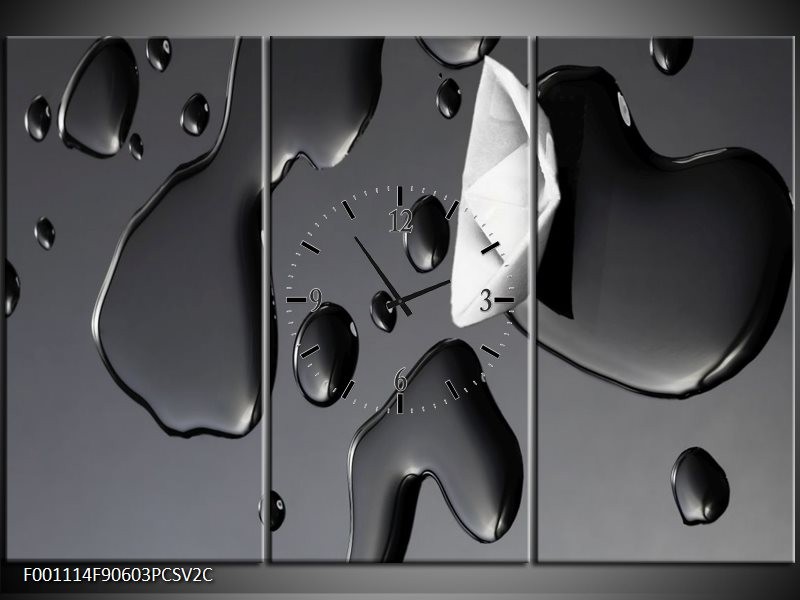 Klok schilderij Druppels | Zwart, Grijs | 90x60cm 3Luik