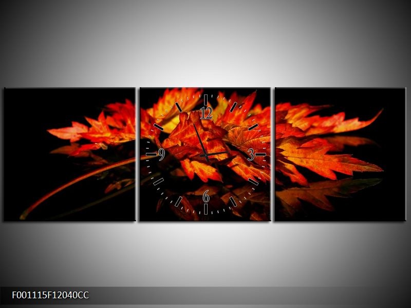 Klok schilderij Herfstblad | Rood, Zwart, Oranje | 120x40cm 3Luik