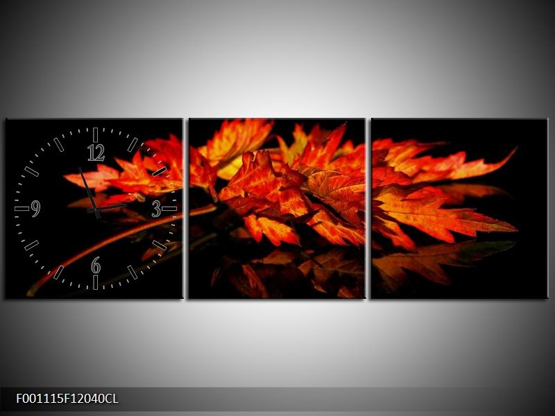 Klok schilderij Herfstblad | Rood, Zwart, Oranje | 120x40cm 3Luik