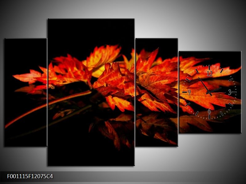 Klok schilderij Herfstblad | Rood, Zwart, Oranje | 120x75cm 4Luik