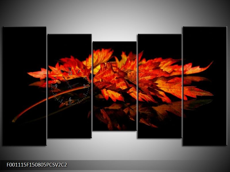 Klok schilderij Herfstblad | Rood, Zwart, Oranje | 150x80cm 5Luik