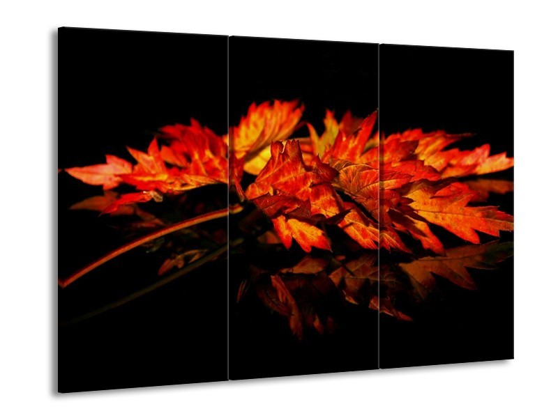 Canvas schilderij Herfstblad | Rood, Zwart, Oranje | 90x60cm 3Luik